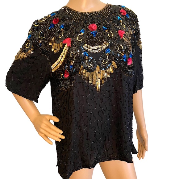 VEELAM Tops - VINTAGE VEELAM SILK BLACK BEADED TOP  SZ L